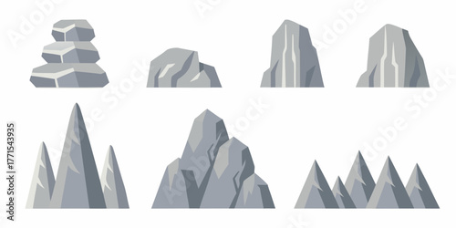 Collection of diverse flat design grey rock formations and mountain peaks on a white background