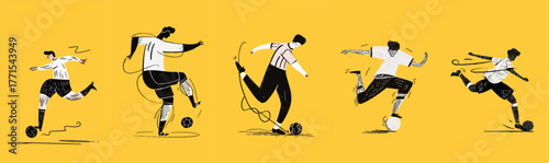 Creative hand drawn football players in action, sketch doodle style