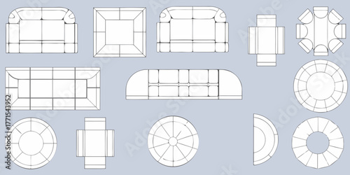 Collection of furniture designs including sofas tables and chairs in top and side views