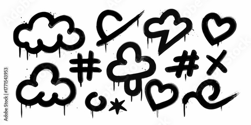 Collection of black graffiti style icons including clouds hearts hashtags and other symbols with dripping paint effect