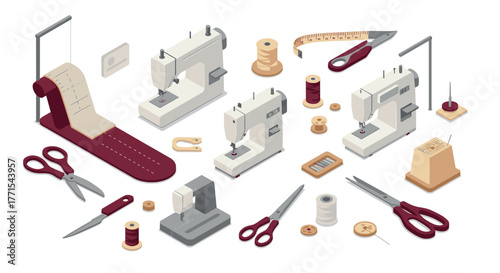 Isometric sewing tools set with sewing machines, scissors, and accessories
