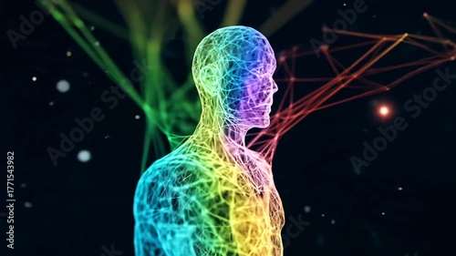 Abstract representation of a human figure with colorful lines emanating from it, symbolizing energy