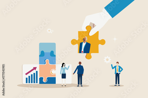 Business team assembling a puzzle with a growing graph and a new team member being added