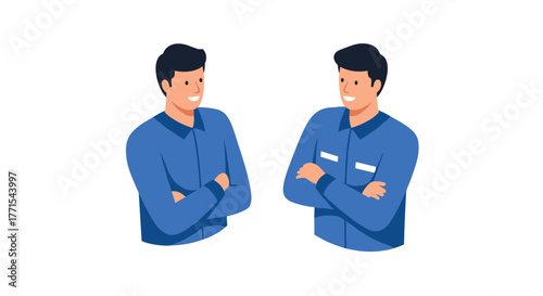 Two smiling men in blue shirts facing each other in flat design