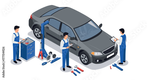Isometric car maintenance: mechanics using tablets for vehicle inspection and repair