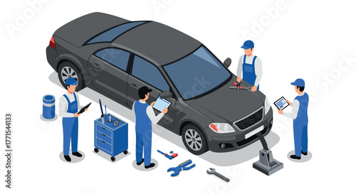 Isometric car repair scene with mechanics using tools and technology