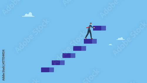 Businessman building staircase to progress ascending business growth. Build business success stairs, self development or career growth and job improvement, growing up or job promotion.