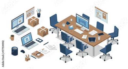 Modern office workspace with computers and meeting table in isometric design