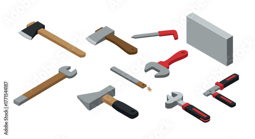 Isometric hand tools set featuring hammer, axe, saw, and wrench on white background