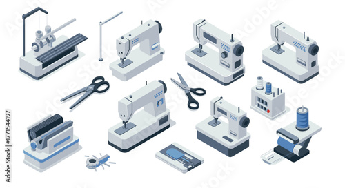 Isometric sewing tools collection: modern machines and accessories for tailoring