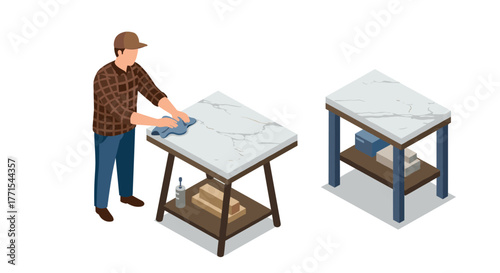Isometric worker polishing marble table with storage shelves and cleaning supplies