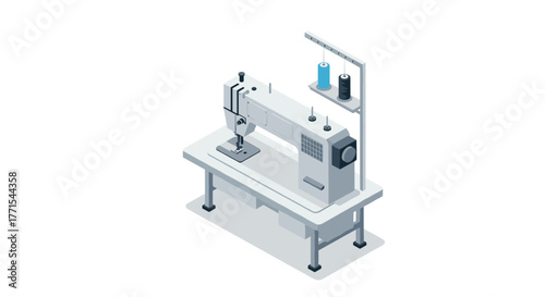 Isometric sewing machine design with threads on modern workbench