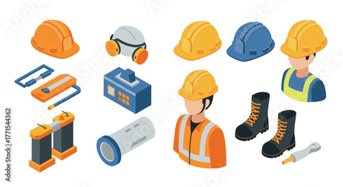 Isometric construction equipment and safety gear set for industrial projects