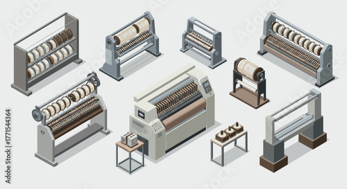 Isometric industrial textile machines collection for factory equipment design