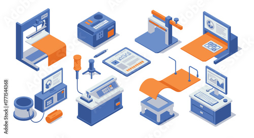 Isometric technology devices set featuring modern computing and engineering tools