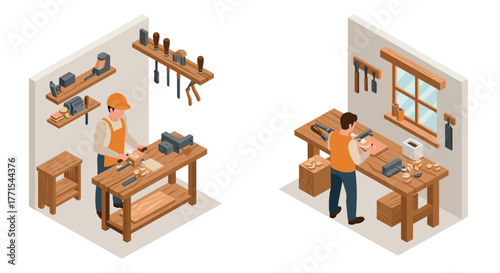 Isometric woodworking workshop scene with tools and craftsman at work