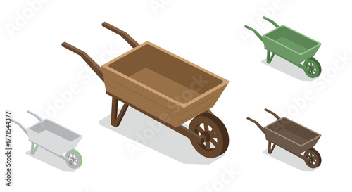 Isometric wooden wheelbarrow collection in various colors and perspectives