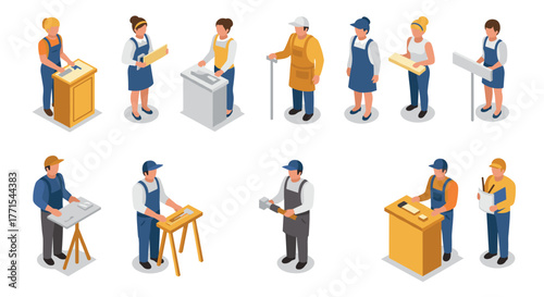 Isometric workers performing various tasks at workstations in uniforms