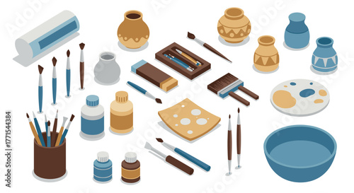 Isometric art supplies set with brushes, paints, and pottery tools on white background