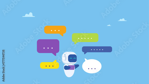 Smart robot talking with speech bubble, dialog on conversation. Chatbot online service to answer questions with machine learning or AI artificial intelligence, NLP neural language processing.