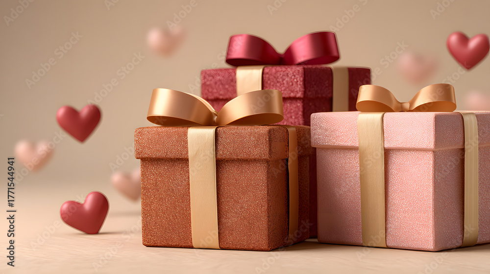 Obraz premium Elegant red and gold gift boxes with heart decorations with copy space, pink background, romantic festive flat lay for Valentine’s Day, Christmas, birthday, or anniversary celebration.
