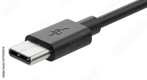 Closeup of a black usbc cable connector isolated on transparent background