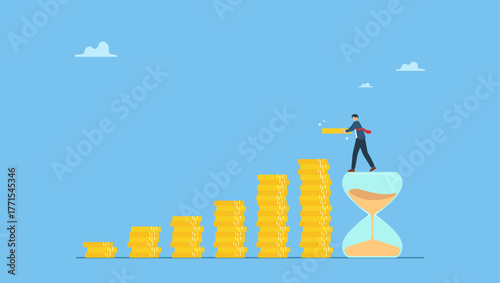 Businessman on sandglass put more dollar coin money to increase his savings. Long term investing or savings for retirement fund, compound interest or investment growth, tax time reminder.