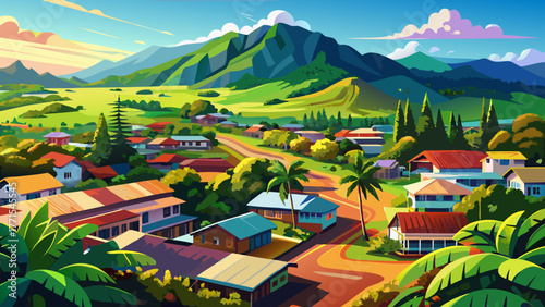Very beautiful elevated view of Waimea Town on Kauai, Hawaii, USA, showing colorful rooftops, lush green surroundings, distant mountains, and the tropical island landscape under a bright clear sky.
