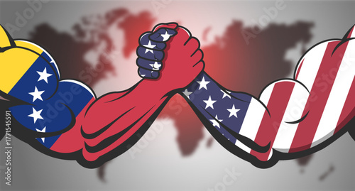 Vector political banner. Arm wrestling. Powerful muscular male arms in colors of flags of Venezuela and United States. Blurred world map background. Confrontation. Venezuelan and american poster