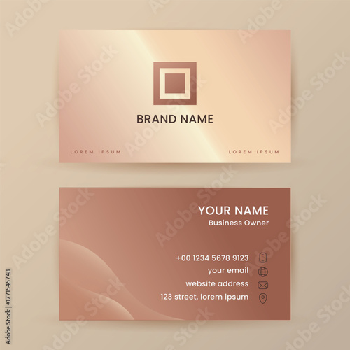 Elegant business card design with a rose gold gradient background.