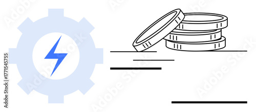 Gear with electric bolt beside stacked coins, symbolizing energy, innovation, and financial efficiency. Ideal for technology, finance, energy, economy, startup sustainability business success