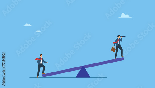 Businessmen team members help push seesaw for success. Teamwork or partnership to support leader to success and reach goal, help or assist by team or colleagues, cooperate or togetherness.