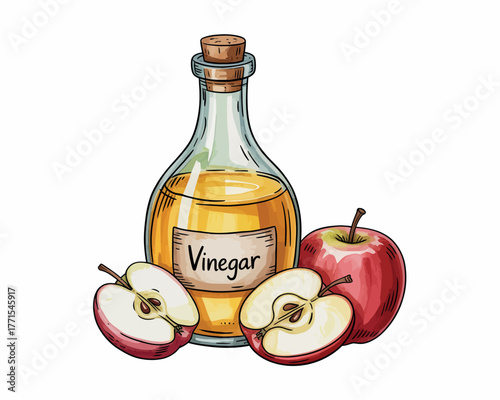 Hand drawn illustration of apple cider vinegar bottle with fresh apples