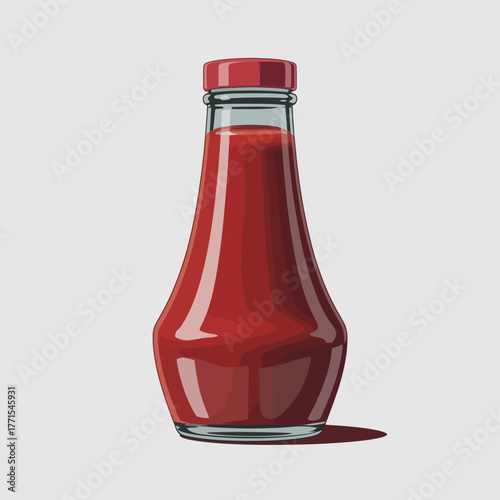 Classic glass bottle of red ketchup sauce isolated on white background