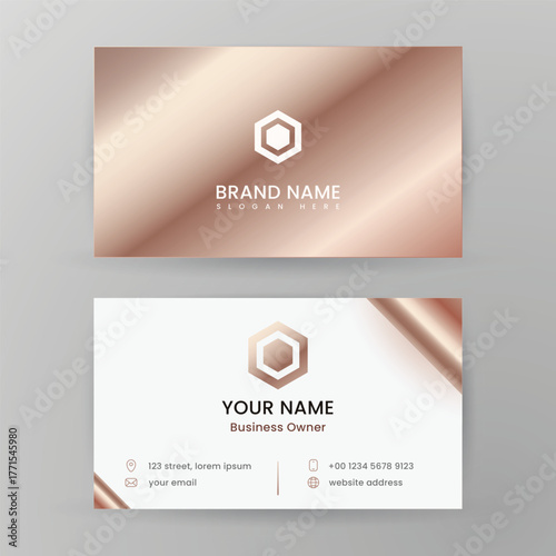 Elegant business card design with metallic rose gold gradient.