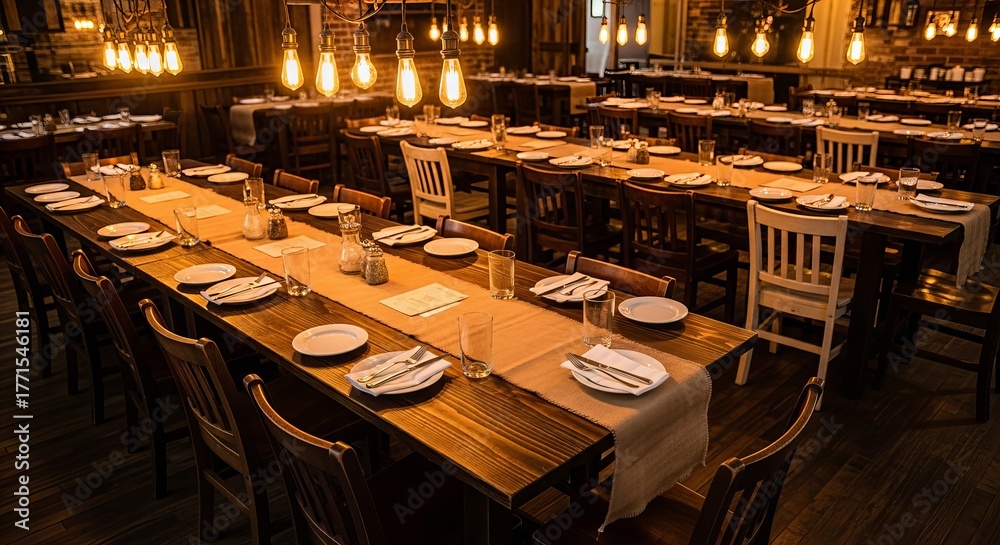 Fototapeta premium Interior view of a restaurant with long wooden tables set for a meal and vintage light bulbs hanging down