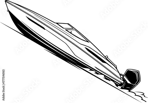 Motor Boat Silhouette – Black Vector Illustration, Speedboat, Outboard Engine, Watercraft, Marine Vehicle, Sailing, Transportation, Nautical Design, Clipart, Editable Vector.