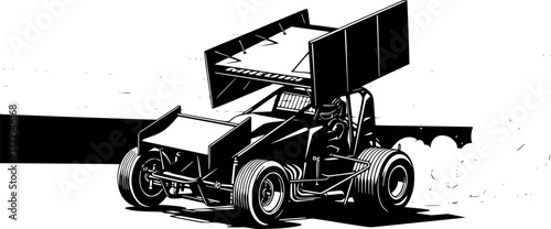 Sprint Car Silhouette – Black Vector Illustration, Racing Vehicle, Speed, Motorsport, Aerodynamic Design, Race Track, Fast Car, Competition, Clipart, Editable Vector Design.