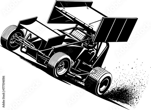 Sprint Car Silhouette – Black Vector Illustration, Racing Vehicle, Speed, Motorsport, Aerodynamic Design, Race Track, Fast Car, Competition, Clipart, Editable Vector Design.
