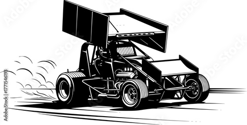 Sprint Car Silhouette – Black Vector Illustration, Racing Vehicle, Speed, Motorsport, Aerodynamic Design, Race Track, Fast Car, Competition, Clipart, Editable Vector Design.