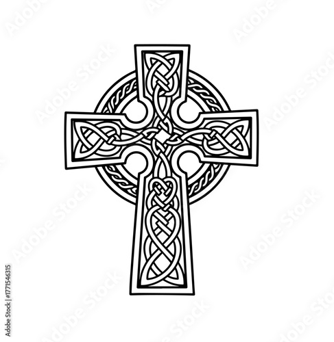 A meticulously rendered black-and-white Celtic cross, defined by its iconic ring and the continuous, intricate knotwork flowing seamlessly through its arms and center