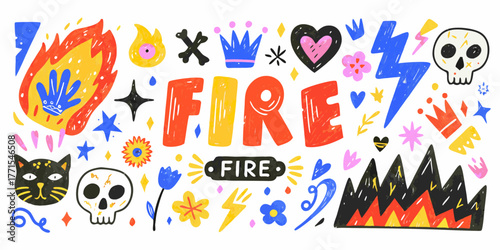 Vibrant hand drawn illustration of the word fire surrounded by whimsical elements and symbols