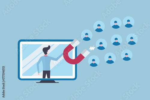 Man on computer screen uses a large magnet to attract customers and build an audience