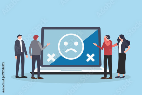 Diverse group of people looking at a laptop screen displaying a sad face emoji and cross marks indicating failure or negative feedback