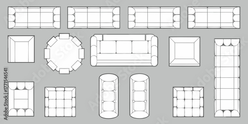 Top view furniture layout collection including sofas tables chairs and ottomans