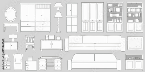 Collection of hand drawn furniture and home decor items in a clean line art style