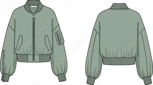 Bomber jacket technical sketch, sage green front and back view, ribbed collar, flap pockets, sleeve zipper, cad drawing flat vector illustration