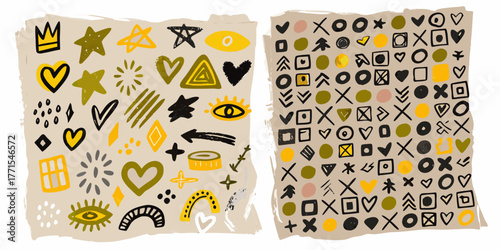 Collection of hand drawn abstract shapes and symbols in mustard yellow black and beige colors