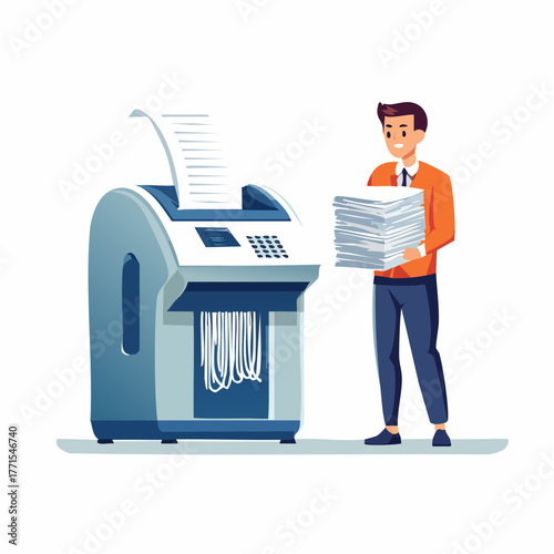 Illustration of a smiling businessman holding a stack of papers next to a paper shredder on a white background with a professional and office supply theme.
