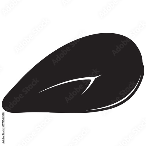Black silhouette of a single mussel shell on a white background